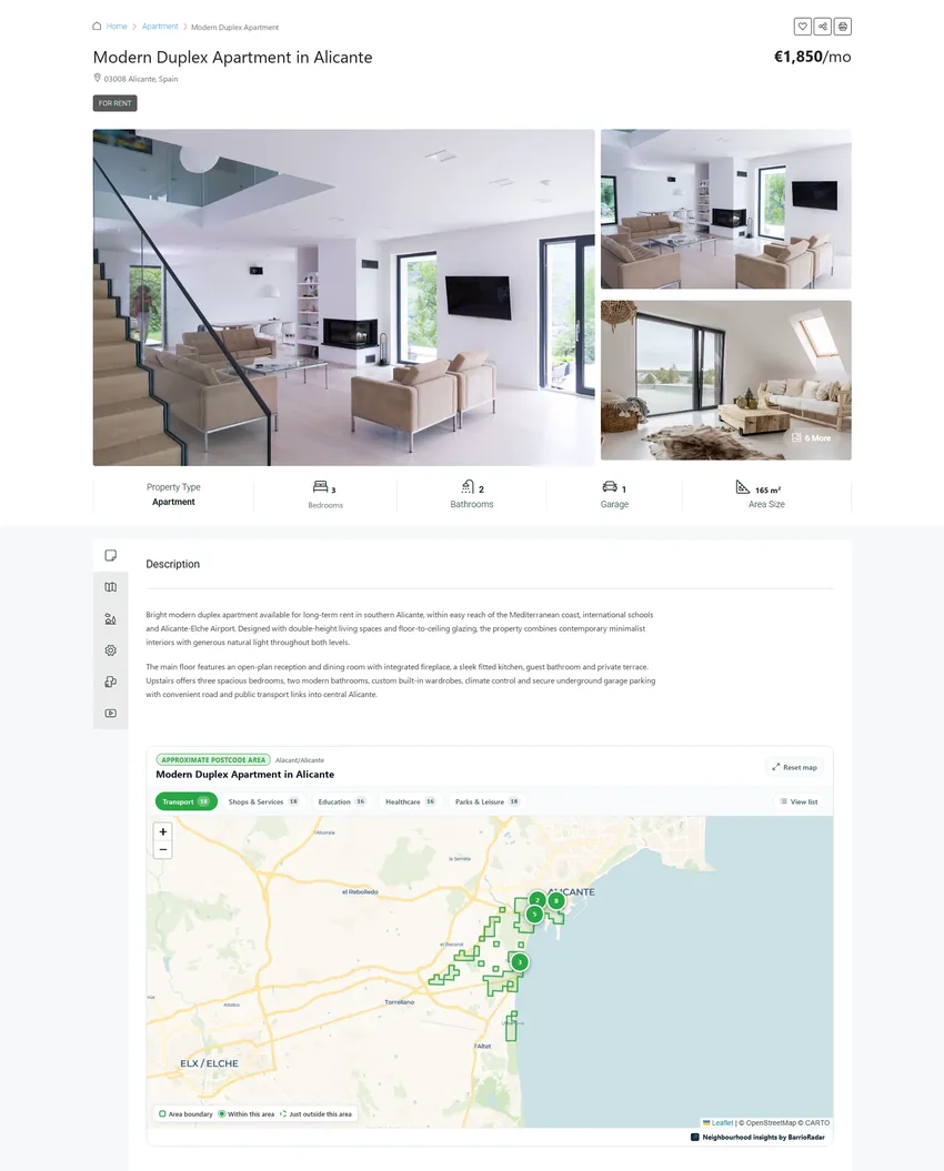 Ejemplo de ficha de alquiler en WordPress (tema Houzez) para un apartamento dúplex moderno en Alicante con el mapa interactivo del barrio integrado en modo Código Postal Aproximado