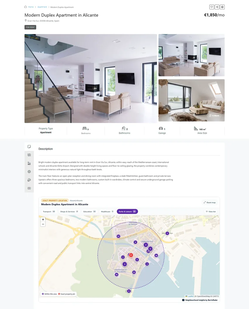 Ejemplo de ficha inmobiliaria en WordPress (tema Houzez) de un apartamento dúplex moderno en Alicante con el mapa interactivo del barrio de BarrioRadar integrado en modo Ubicación Exacta del Inmueble