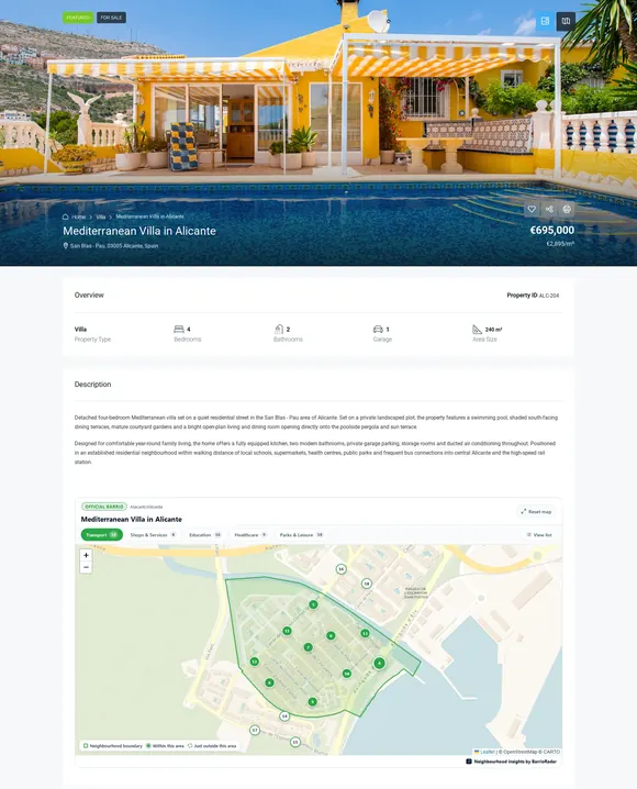Ejemplo de ficha inmobiliaria en WordPress (tema Houzez) para un chalet mediterráneo en Alicante con el mapa interactivo del barrio de BarrioRadar integrado bajo la descripción