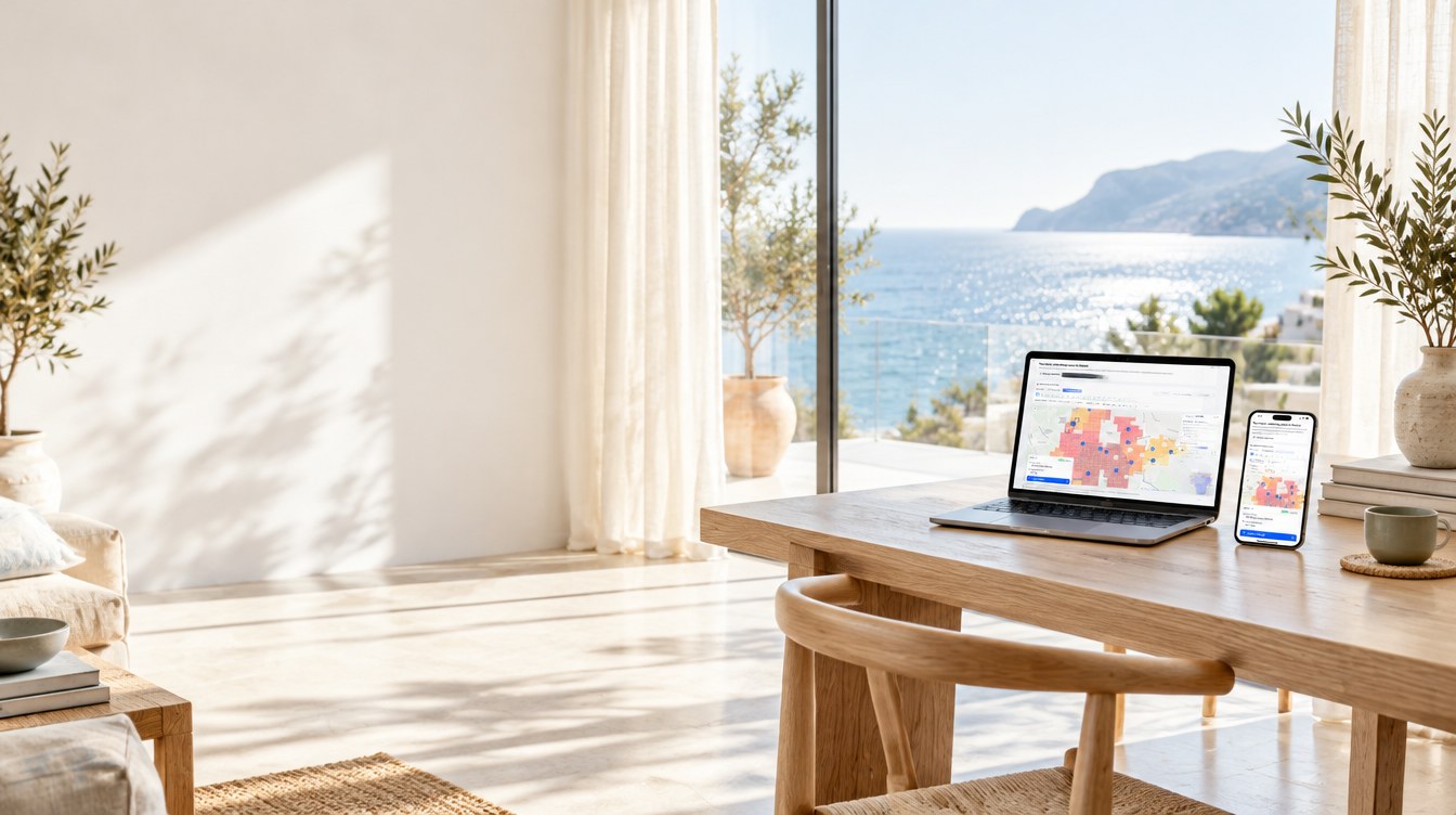 BarrioRadar property location intelligence on laptop and phone in a Mediterranean room overlooking the sea