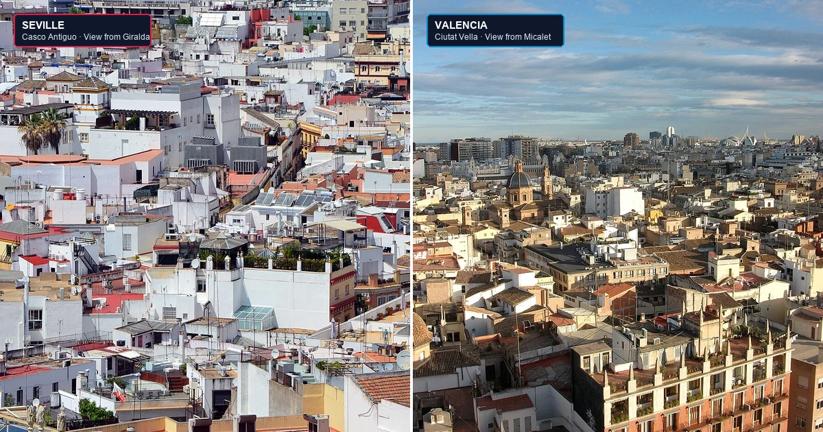 Elevated comparison of Seville and Valencia: Casco Antiguo seen from the Giralda, and Valencia's historic quarters from the Micalet